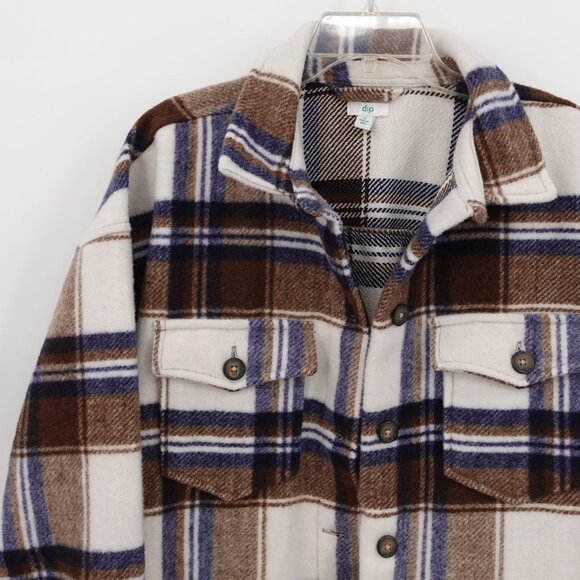 Oversized Plaid Shacket Brown Tan and Blue Medium - Picture 2 of 11